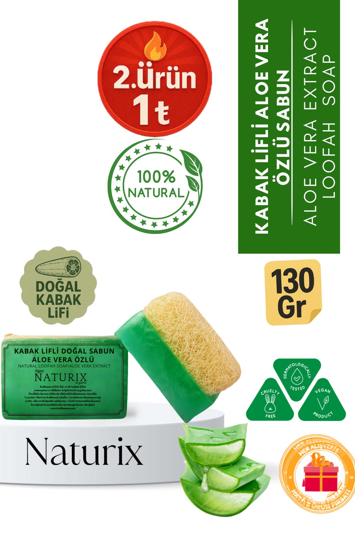 Kabak Lifli Aloe Vera Özlü Sabun 130gr | Kuru Ciltler Için Nemlendirici, Kurutucu Sabun