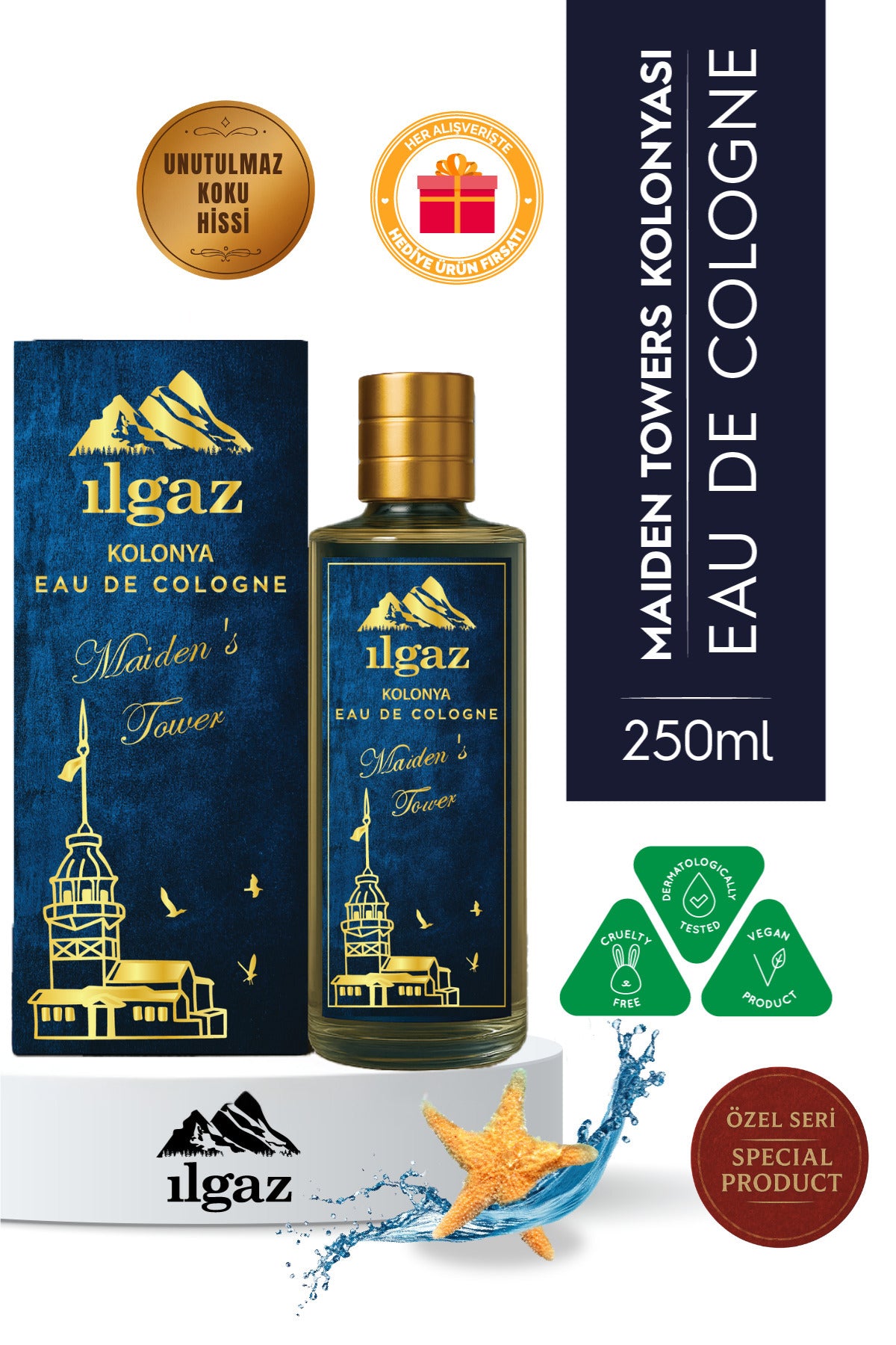 Kız Kulesi Kolonyası | Eau De Cologne Cam Şişe 250 ml | Türkiye Serisi Okyanus Ferahlığı Kokusu