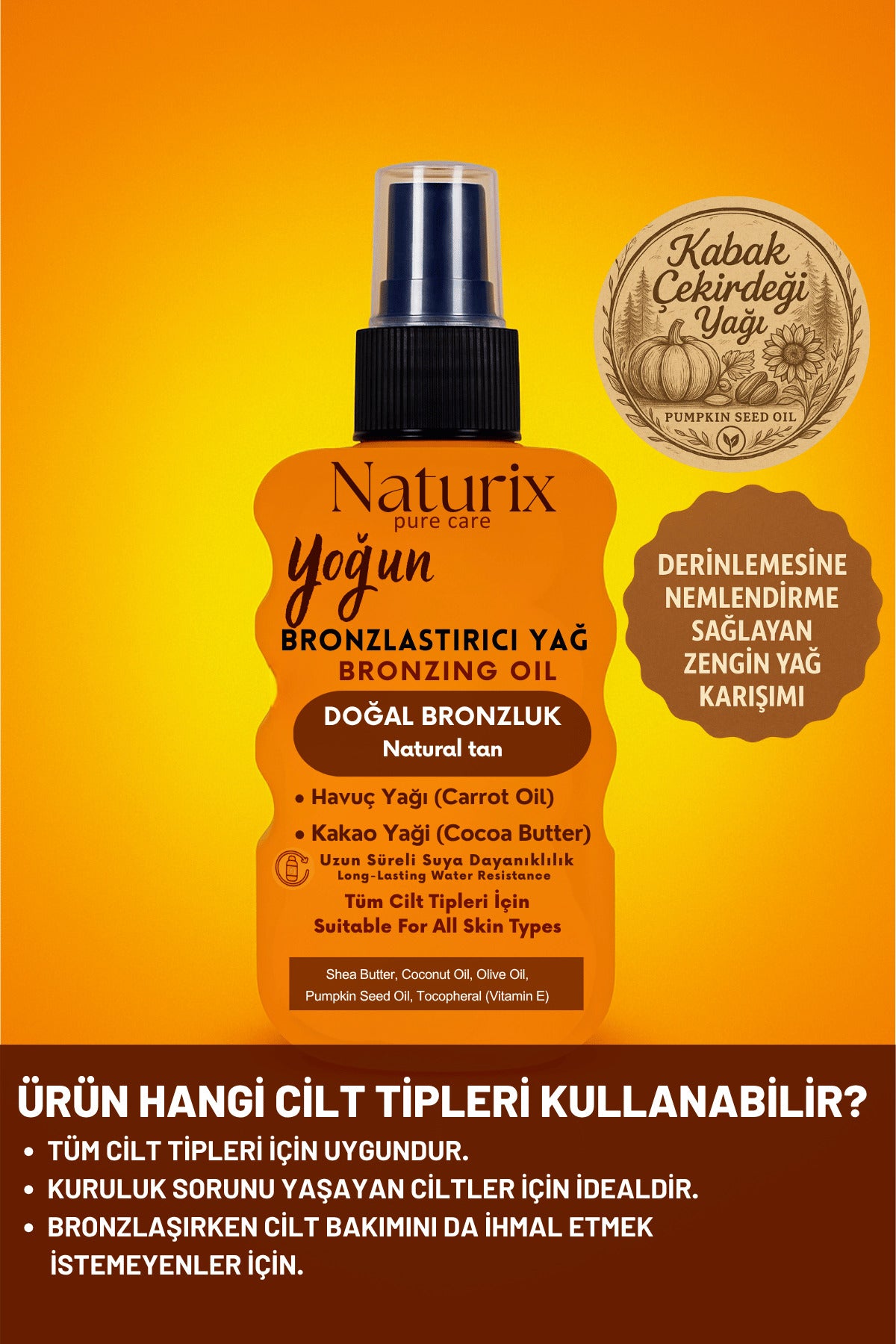 Yoğun Bronzlaştırıcı Yağ | Havuç & Kakao Yağı, Vitamin E, Tüm Cilt Tiplerine Uygun Sprey – 200 ml