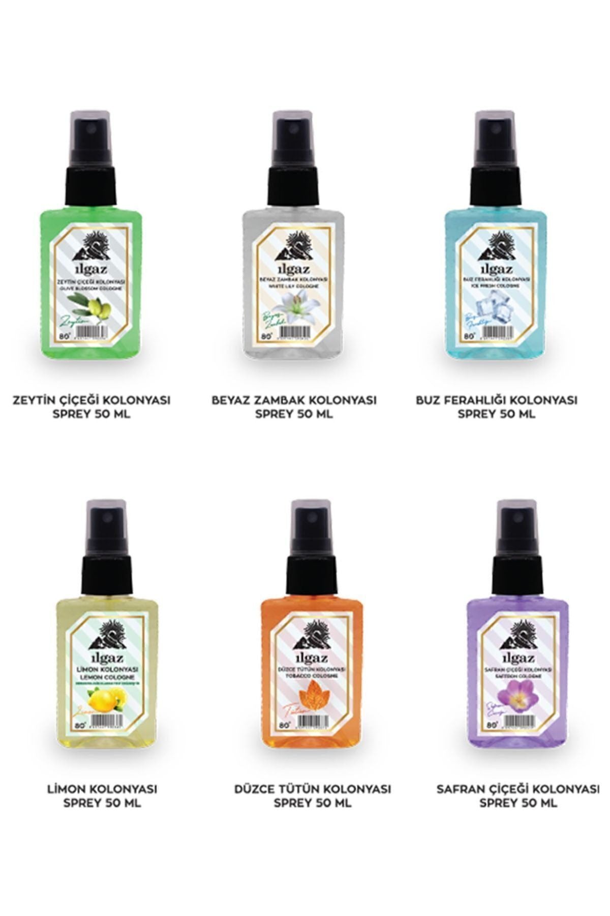Zeytin Çiçeği & Safran & Beyaz Zambak & Tütün & Limon & Ice Fresh Kolonya 50 ml | Elegance 6'lı Set