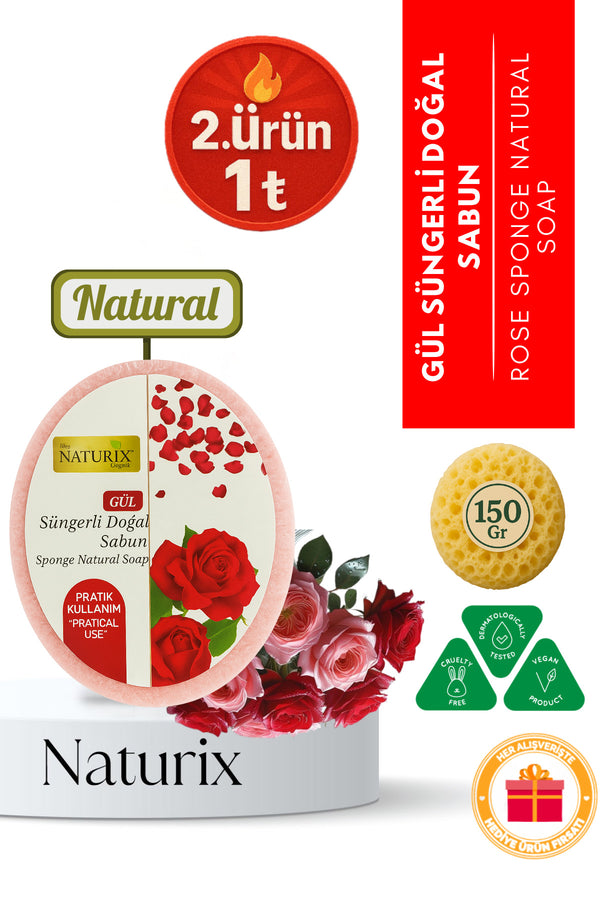 Süngerli Doğal Gül Sabunu 150 gr - Peeling Etkili Arındırıcı Sabun
