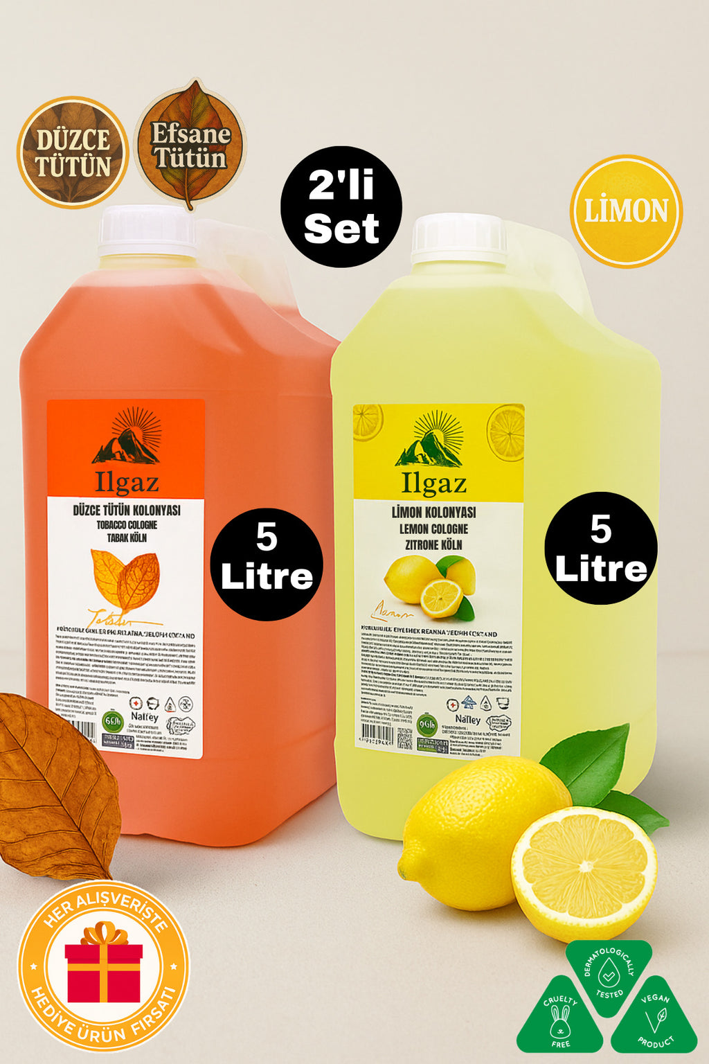 Tütün Kolonyası 5lt & Limon Kolonyası 5lt | 2'li Hijyenik Bidon Kolonya Seti