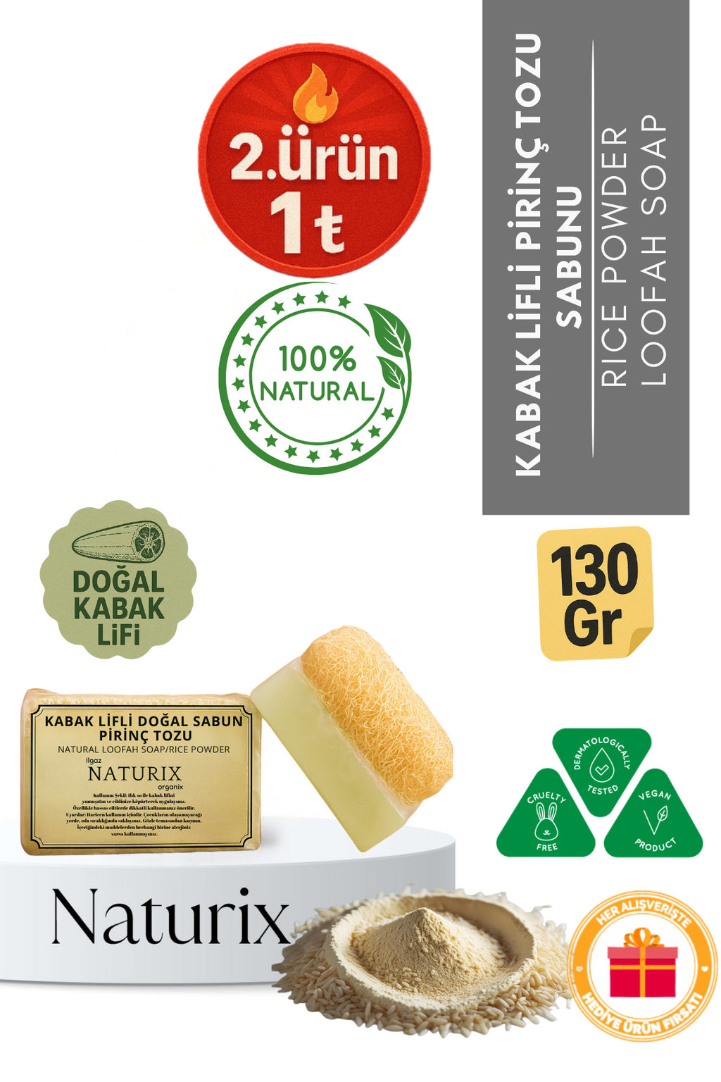 Kabak Lifli Pirinç Tozu Sabun 130 gr | Cilt Beyazlatıcı Ve Peeling Etkili Sabun