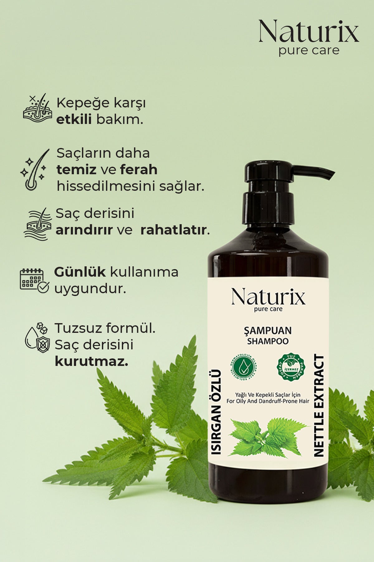 Kepeğe Karşı Tuzsuz Isırgan Otu Şampuanı Paraben Ve Fosfat Içermeyen Saç Bakımı - 600 ml