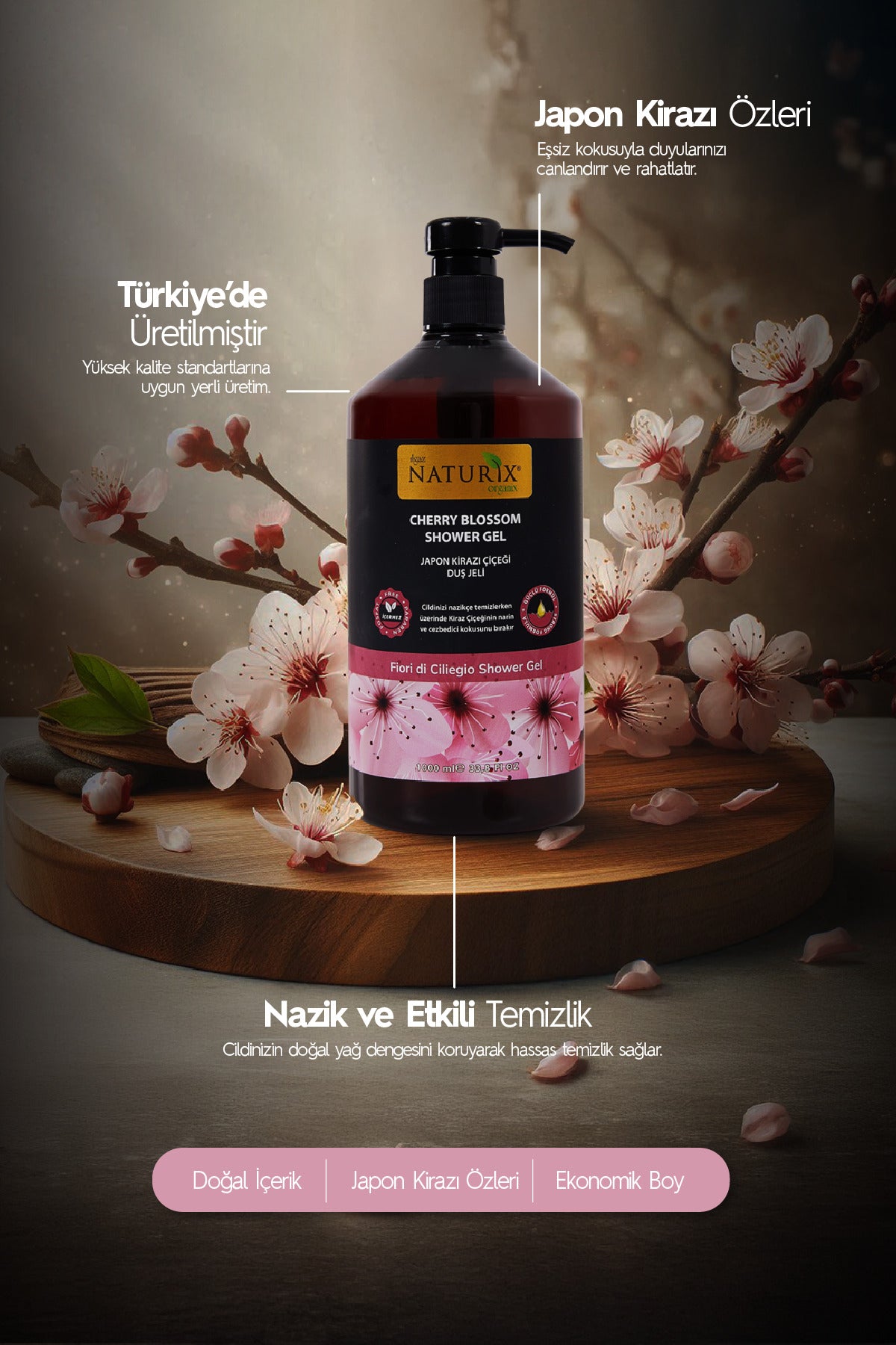 Japon Kirazı Çiçeği Duş Jeli - Ferahlatıcı, Çiçeksi, Narin Kokulu Günlük Vücut Temizleyici 1000ml