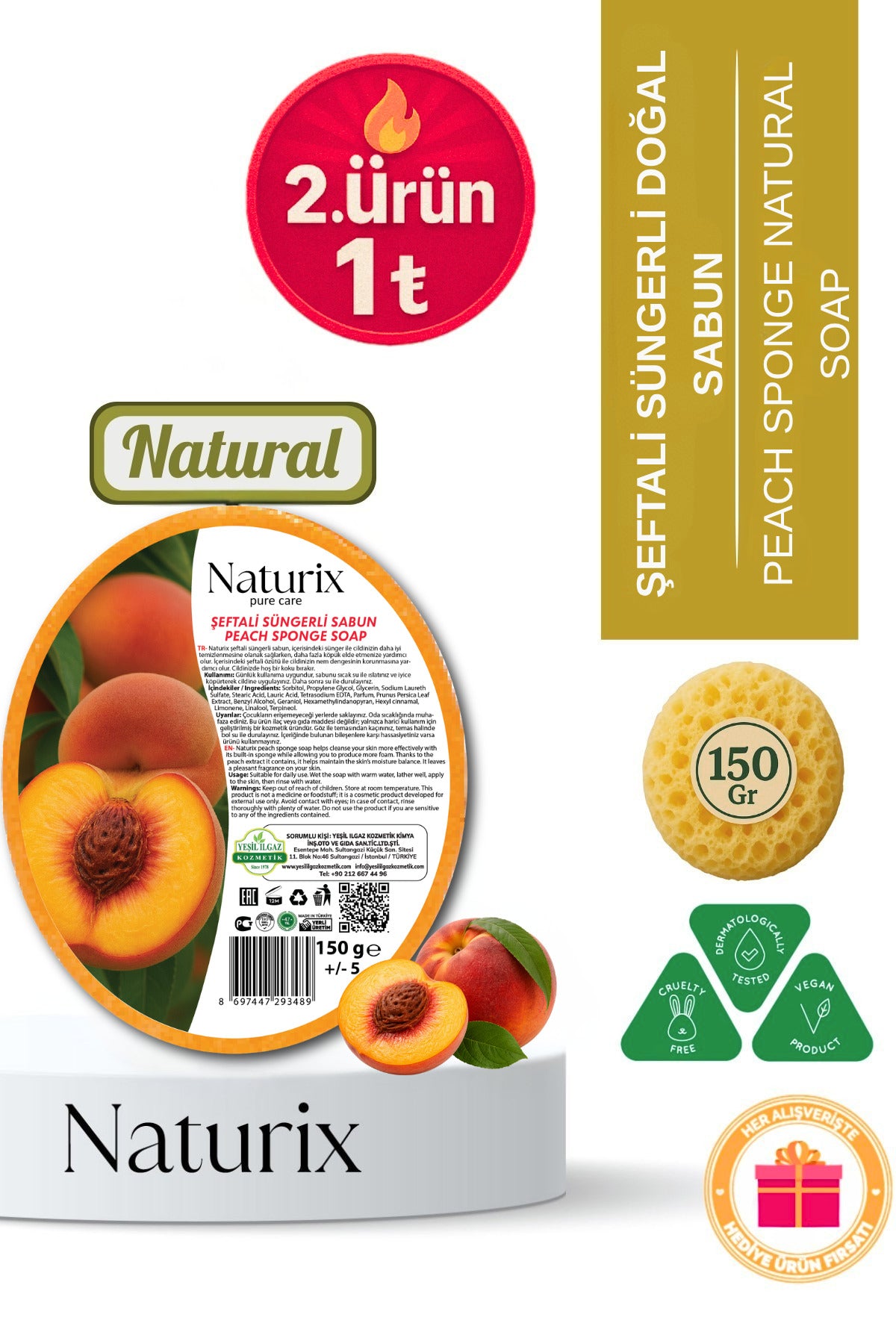 Şeftali Süngerli Sabun 150 gr | Peeling Etkili Arındırıcı Sabun