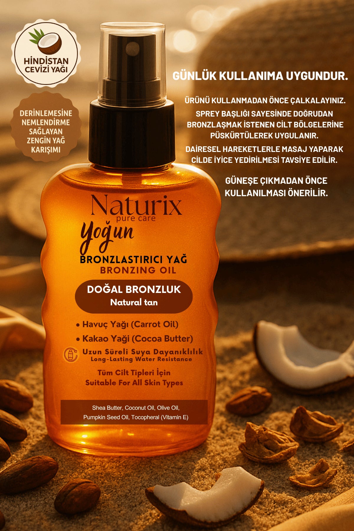 Yoğun Bronzlaştırıcı Yağ | Havuç & Kakao Yağı, Vitamin E, Tüm Cilt Tiplerine Uygun Sprey – 200 ml