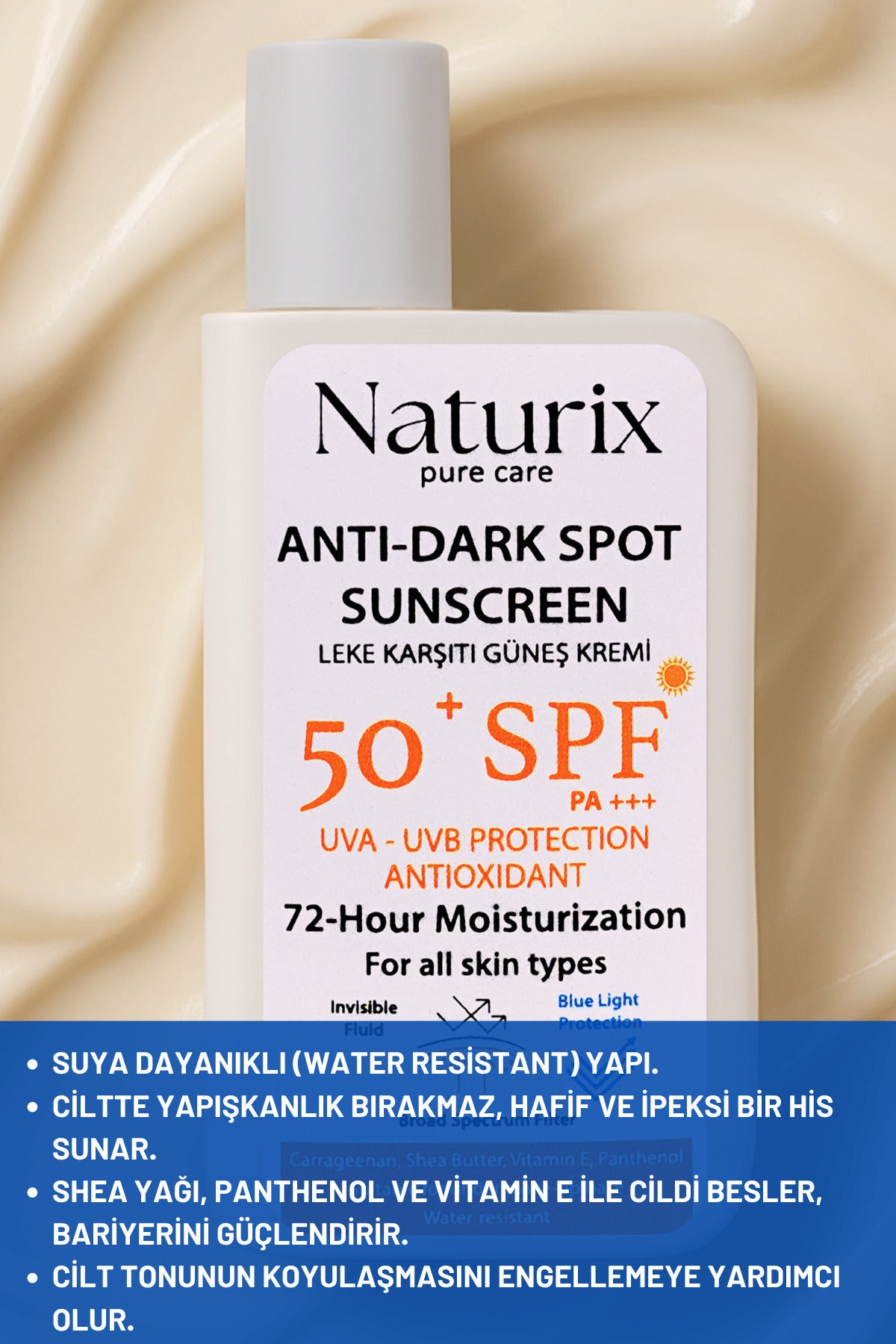 Leke Karşıtı Güneş Kremi SPF 50+ PA+++ UVA-UVB Koruma | 72 Saat Nemlendirme | Water Resistant - 50ml