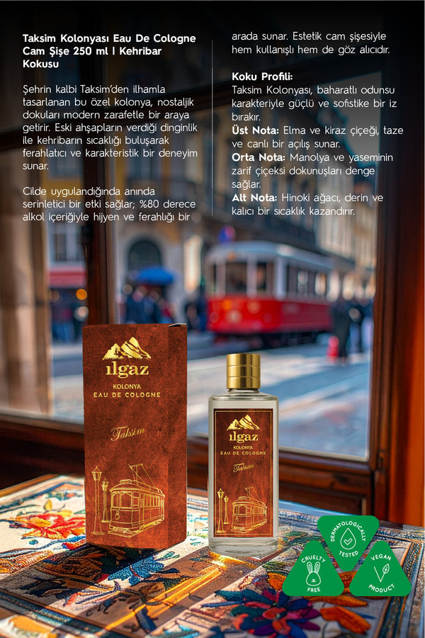 Taksim Kolonyası | Eau De Cologne Cam Şişe 250 ml | Türkiye Serisi Eski Ahşap ve Kehribar Kokusu