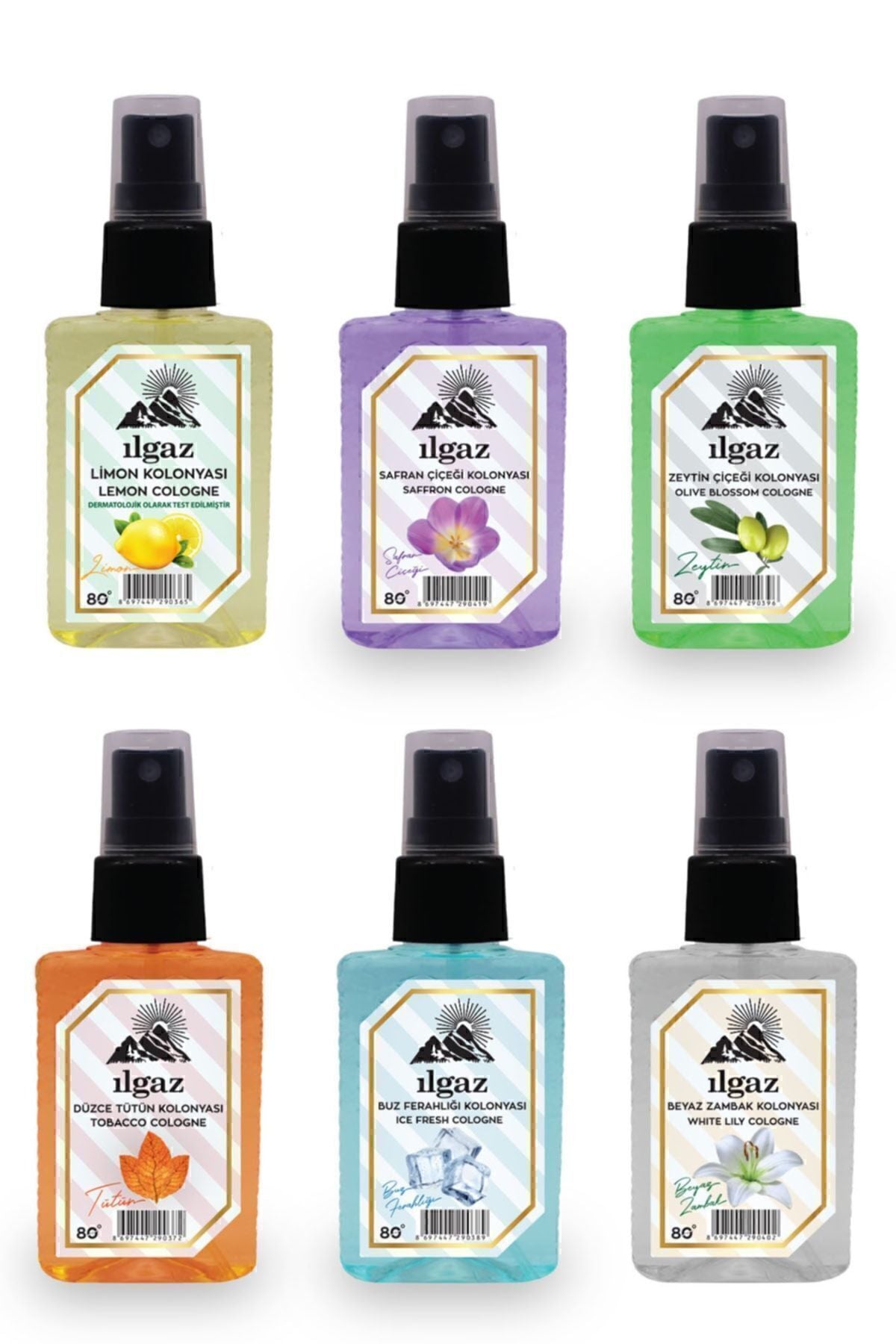Zeytin Çiçeği & Safran & Beyaz Zambak & Tütün & Limon & Ice Fresh Kolonya 50 ml | Elegance 6'lı Set