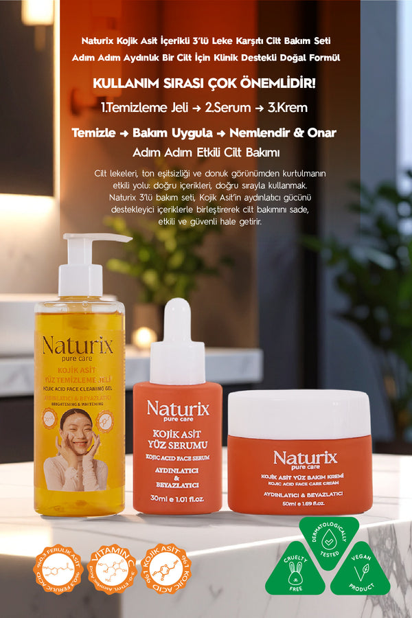 Kojik Asitli 3'lü Leke Karşıtı Bakım Seti | Yüz Temizleme Jeli 250 ml + Serum 30 ml + Krem 50 ml