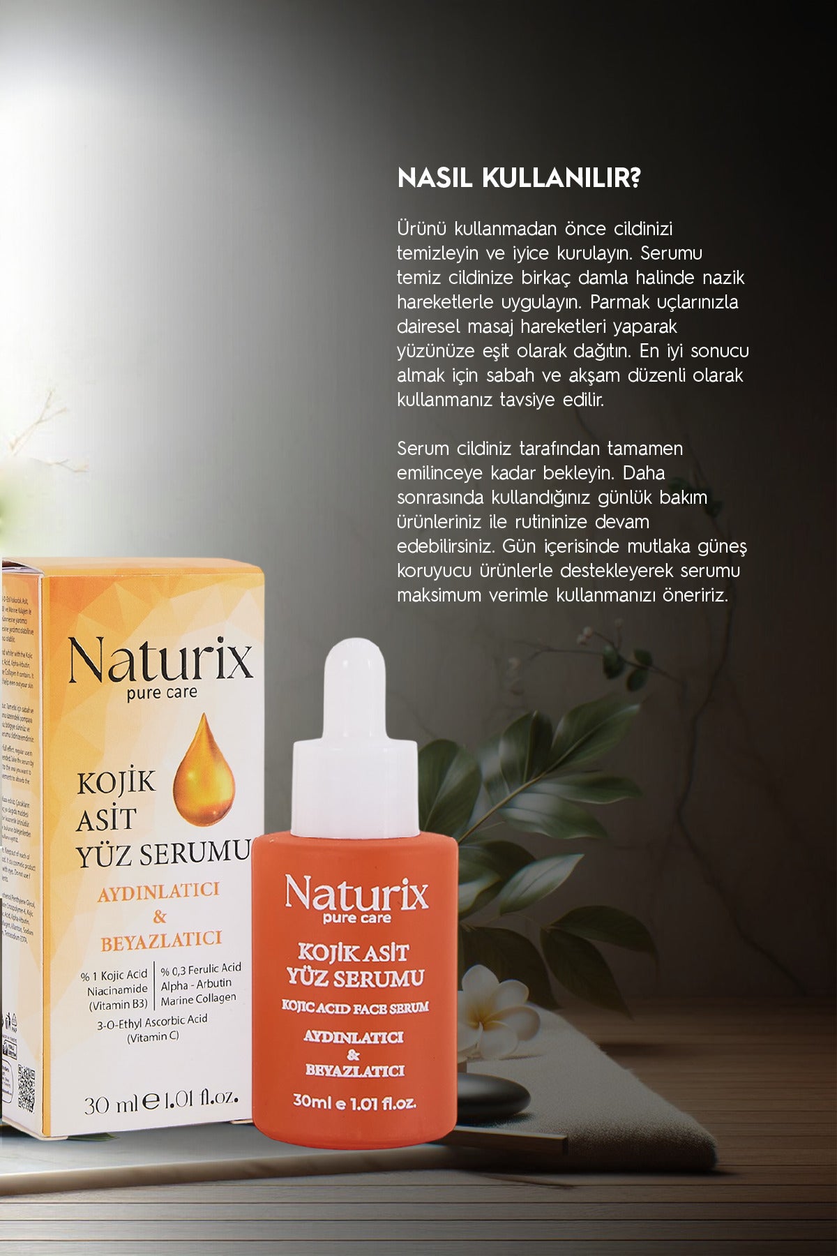 Kojik Asitli Yüz Serumu - Aydınlatıcı, Cilt Tonu Eşitleyici, Leke Karşıtı Bakım Serumu 30ml