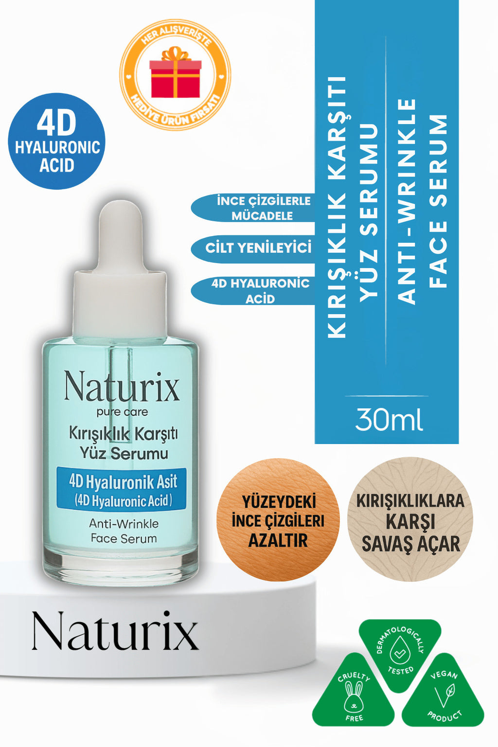 Kırışıklık Karşıtı Yüz Serumu | 4D Hyaluronic Acid | Derin Nemlendirme & Cilt Yenileme 30 ml
