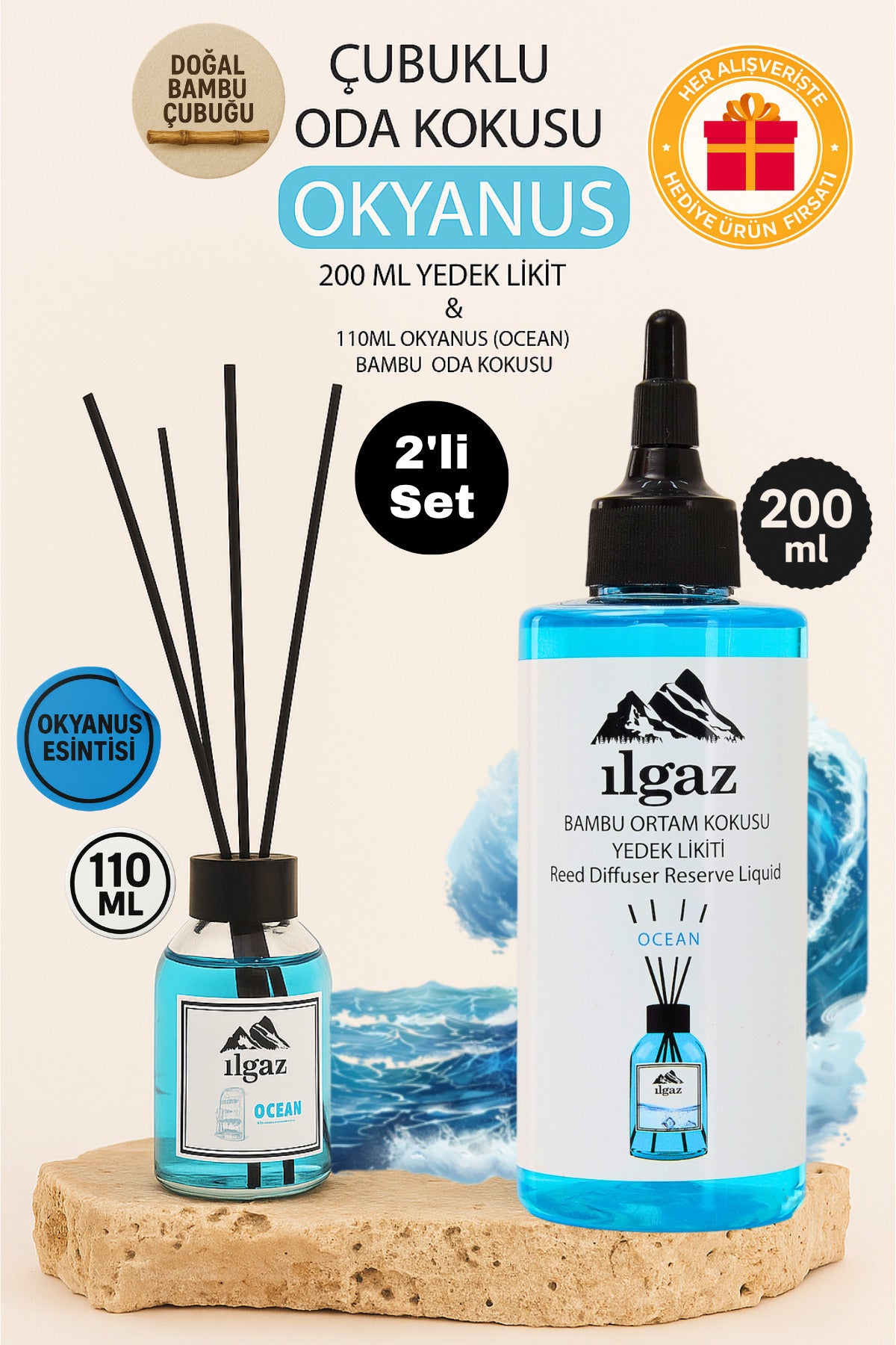 Okyanus Esintisi Bambu Çubuklu Oda Kokusu 110 ml & Okyanus Esintisi Yedek Likit Şişe 200 ml