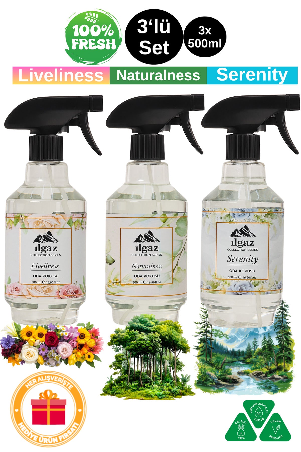 3’lü Collection Oda Kokusu Seti | Liveliness & Naturalness & Serenity | 3x500 ml