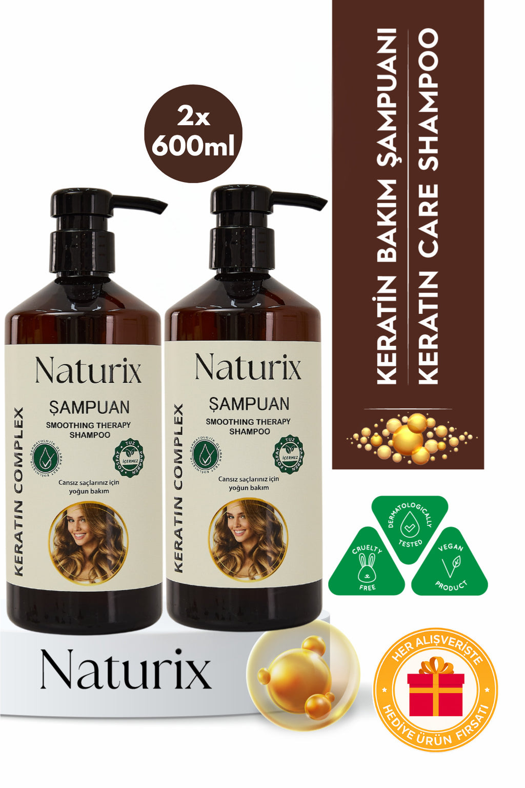 2'li Tuzsuz Keratin Şampuan 600 ml – Paraben, Fosfat Ve Tuz Içermez