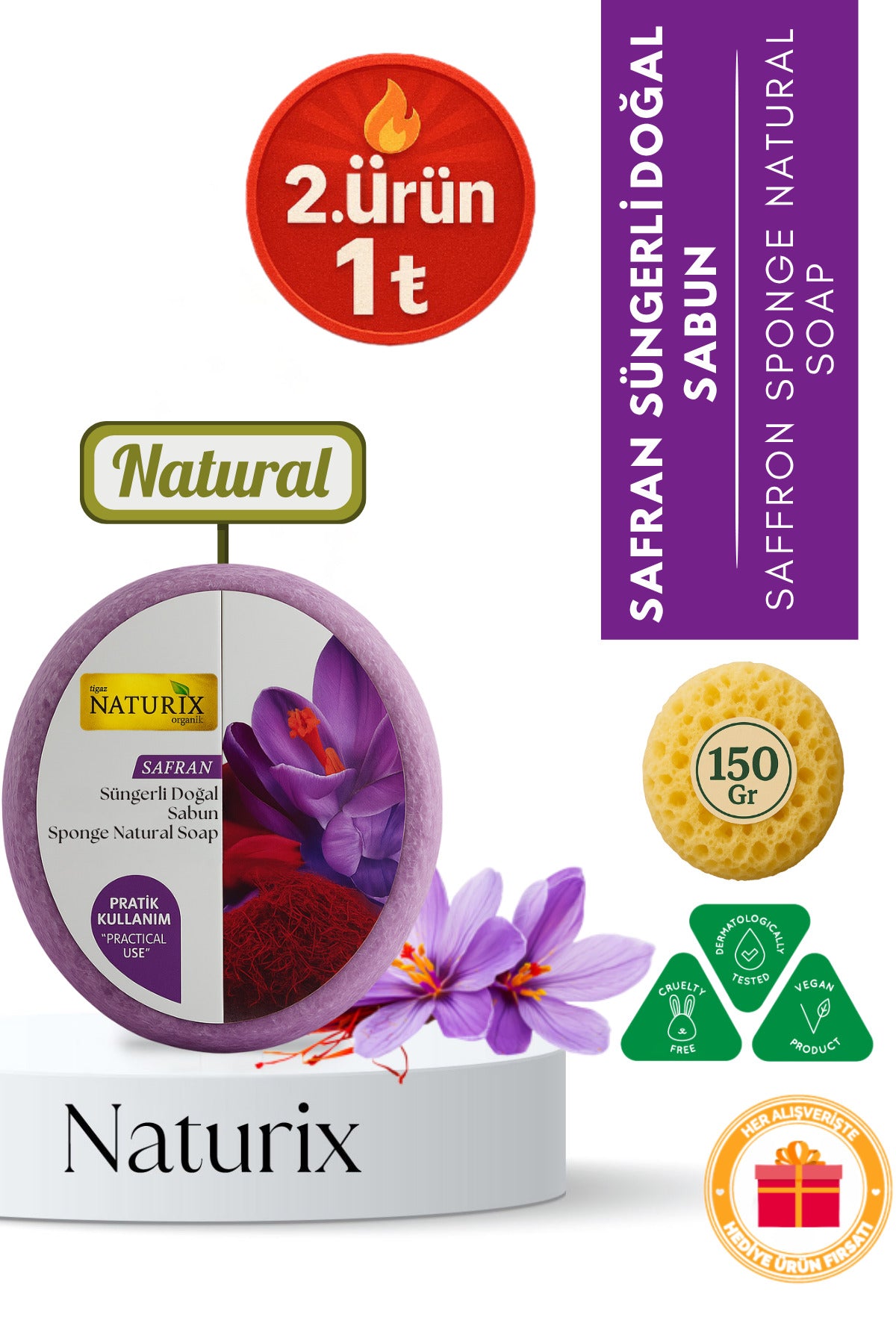Safran Süngerli Sabun 150 gr | Peeling Etkili & Kırışıklık Önleyici Doğal Bakım