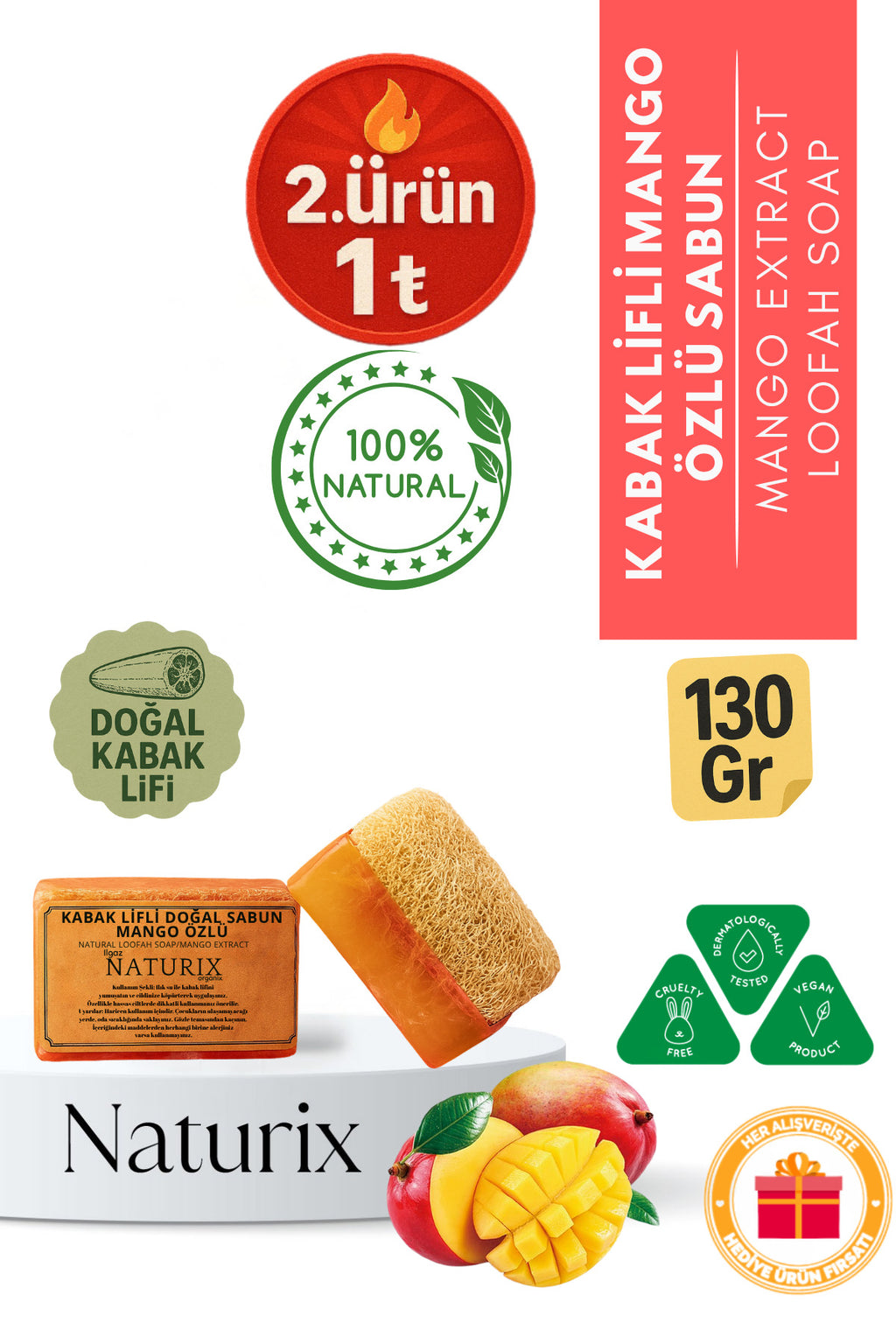 Kabak Lifli Mango Özlü Sabun 130 gr | Nemlendirici Ve C Vitaminli Peeling Etkili Sabun
