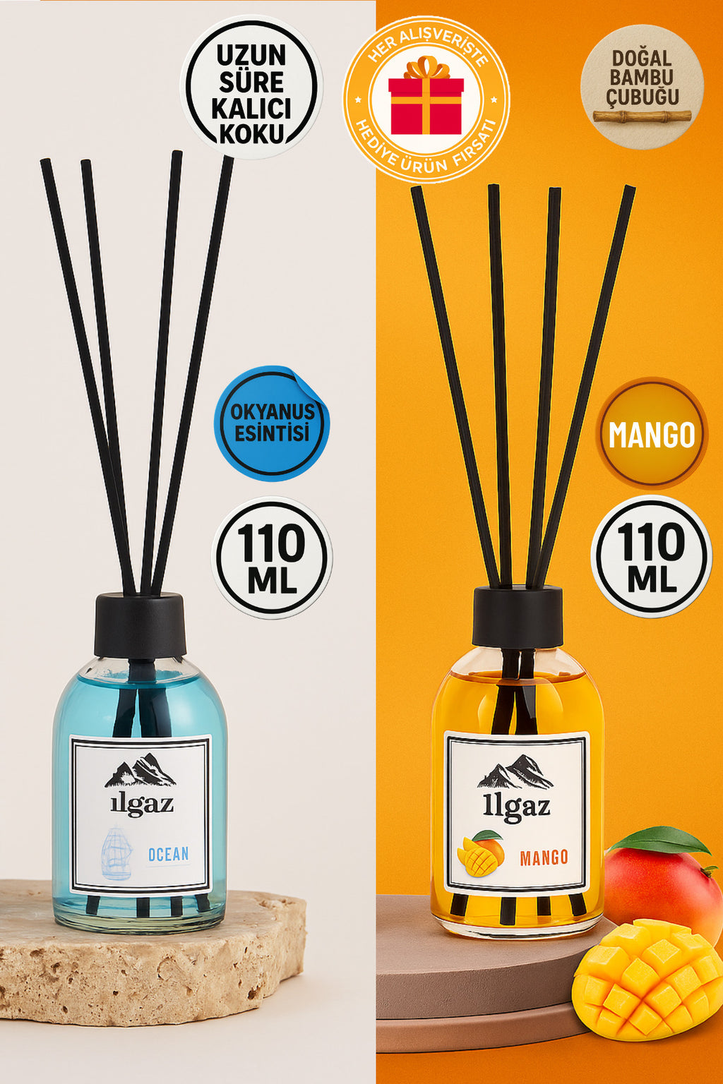 Okyanus Bambu Çubuklu Oda Kokusu 110 ml & Mango Bambu Çubuklu Oda Kokusu 110 ml | 2'li Ortam Kokusu