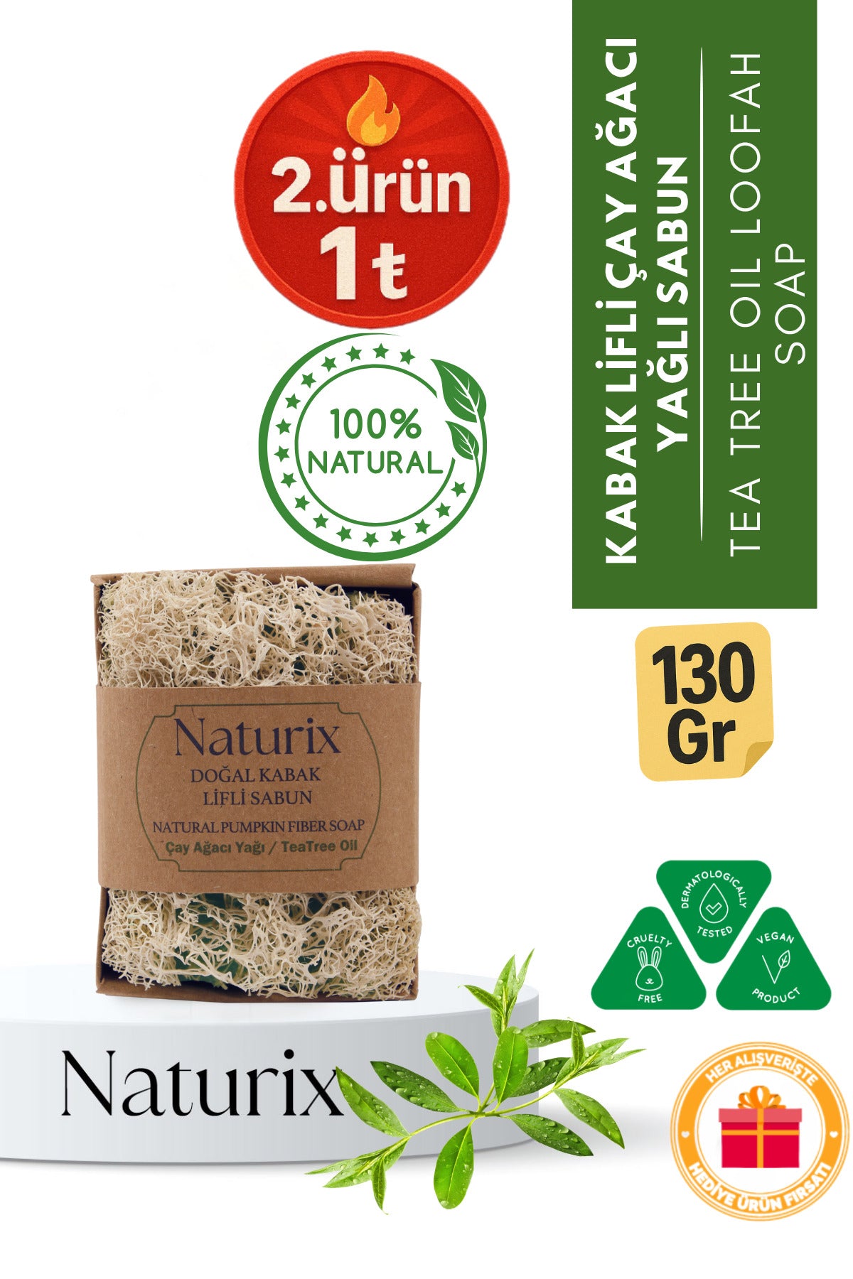 Kabak Lifli Çay Ağacı Yağı Özlü Sabun 130 gr | Arındırıcı, Gözenek Sıkılaştırıcı ve Ferahlatıcı