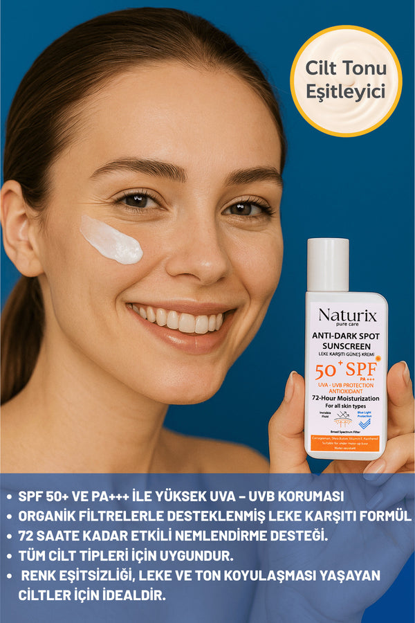 Leke Karşıtı Güneş Kremi SPF 50+ PA+++ UVA-UVB Koruma | 72 Saat Nemlendirme | Water Resistant - 50ml