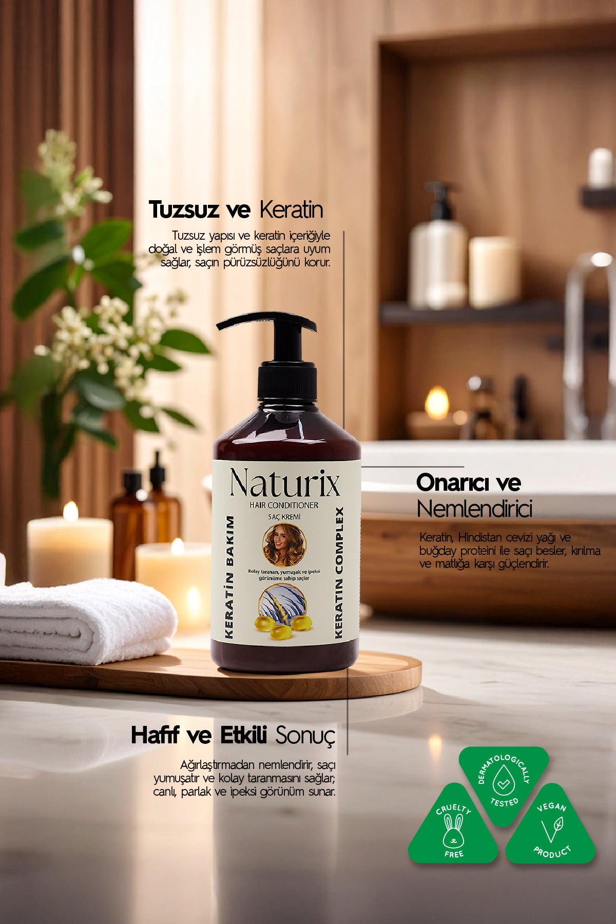 Keratin Bakım Tuzsuz Saç Kremi 500 ml - 3'lü Eko Paket Yıpranmış Saçlar Için