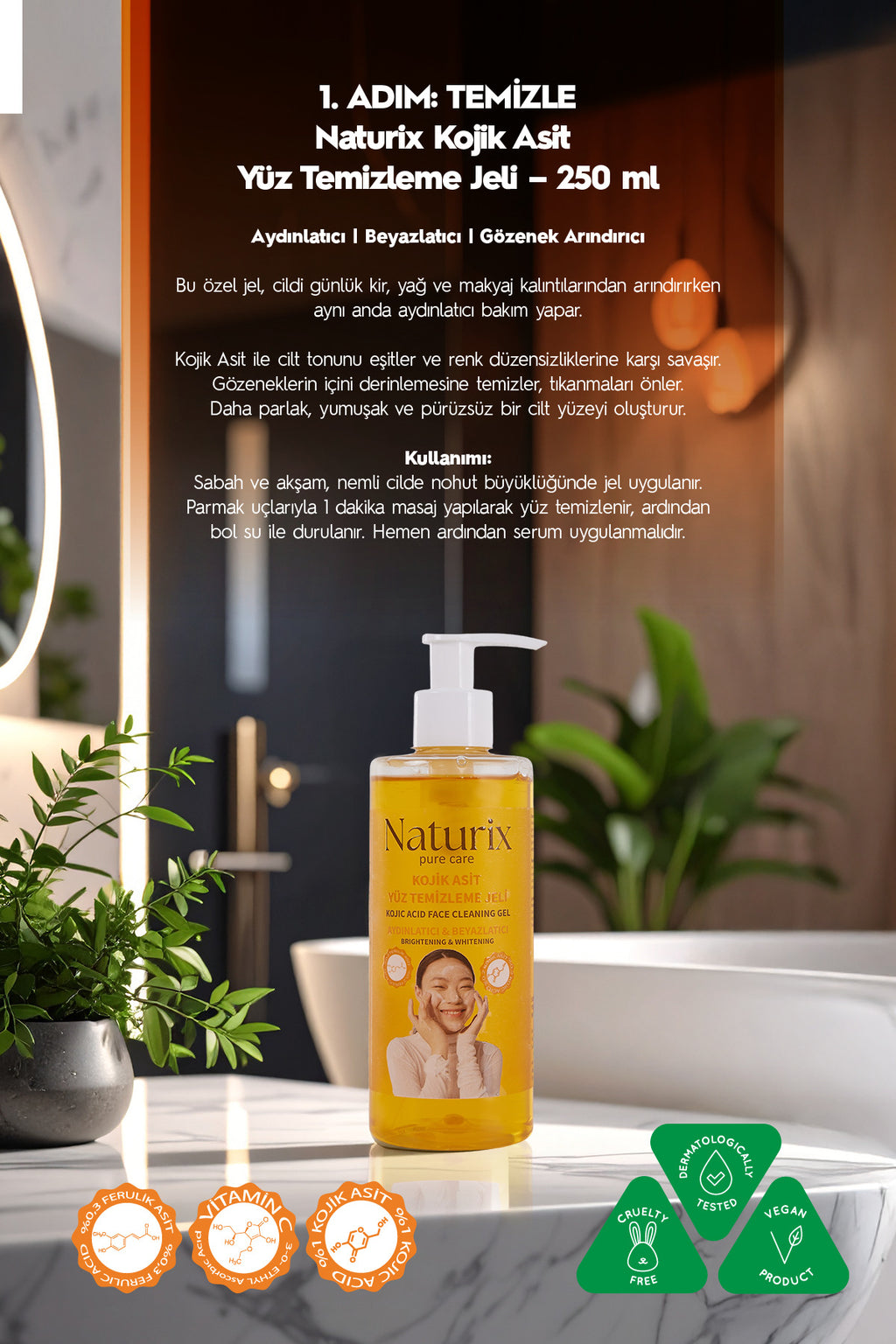 Kojik Asitli 3'lü Leke Karşıtı Bakım Seti | Yüz Temizleme Jeli 250 ml + Serum 30 ml + Krem 50 ml