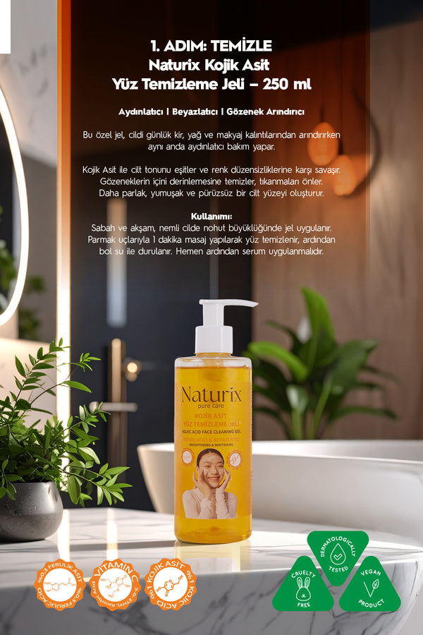 Kojik Asitli 3'lü Leke Karşıtı Bakım Seti | Yüz Temizleme Jeli 250 ml + Serum 30 ml + Krem 50 ml