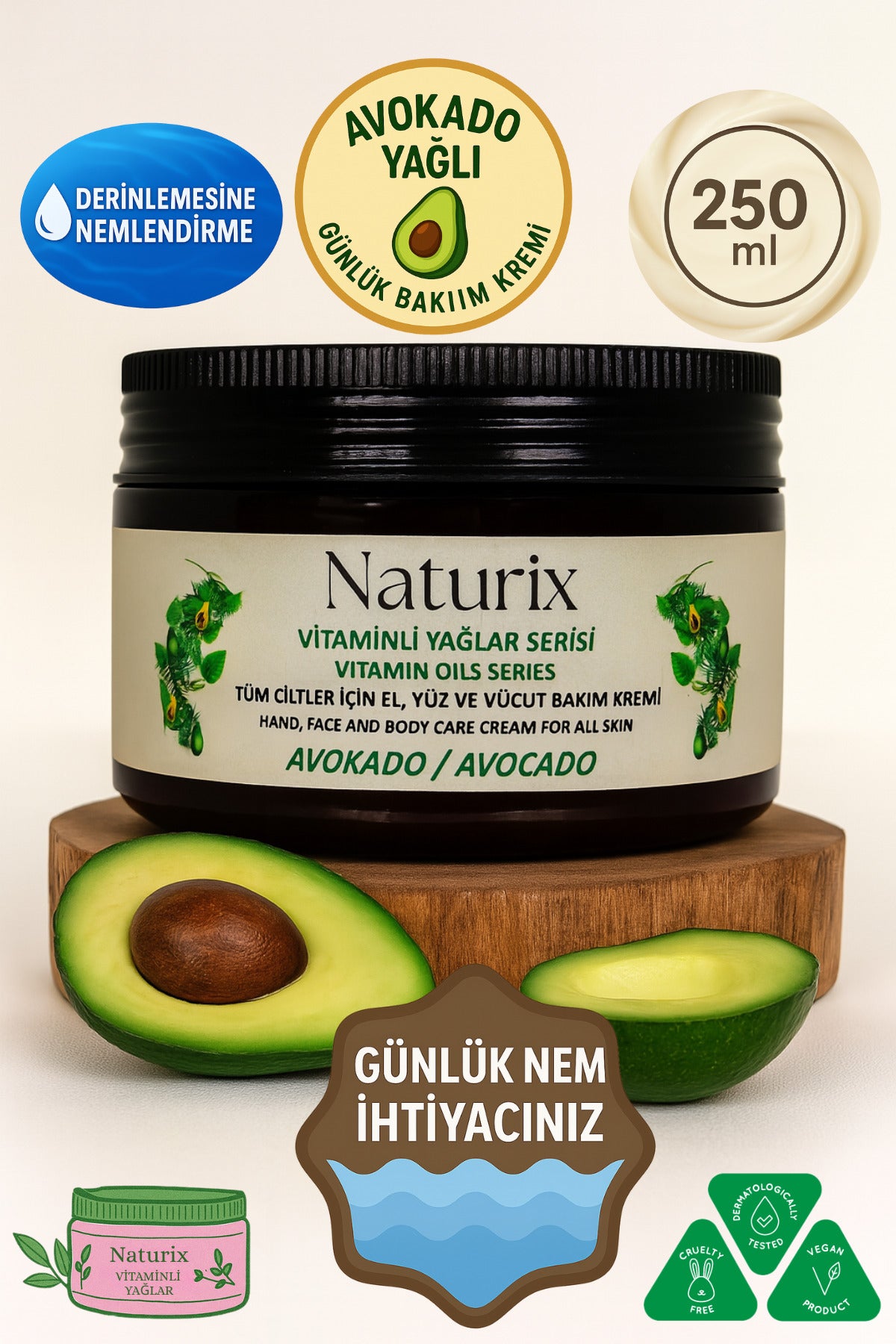 Avokado Özlü El, Yüz Ve Vücut Bakım Kremi 250 ml | Vitaminli Yağlar Serisi - Yoğun Nem Terapisi